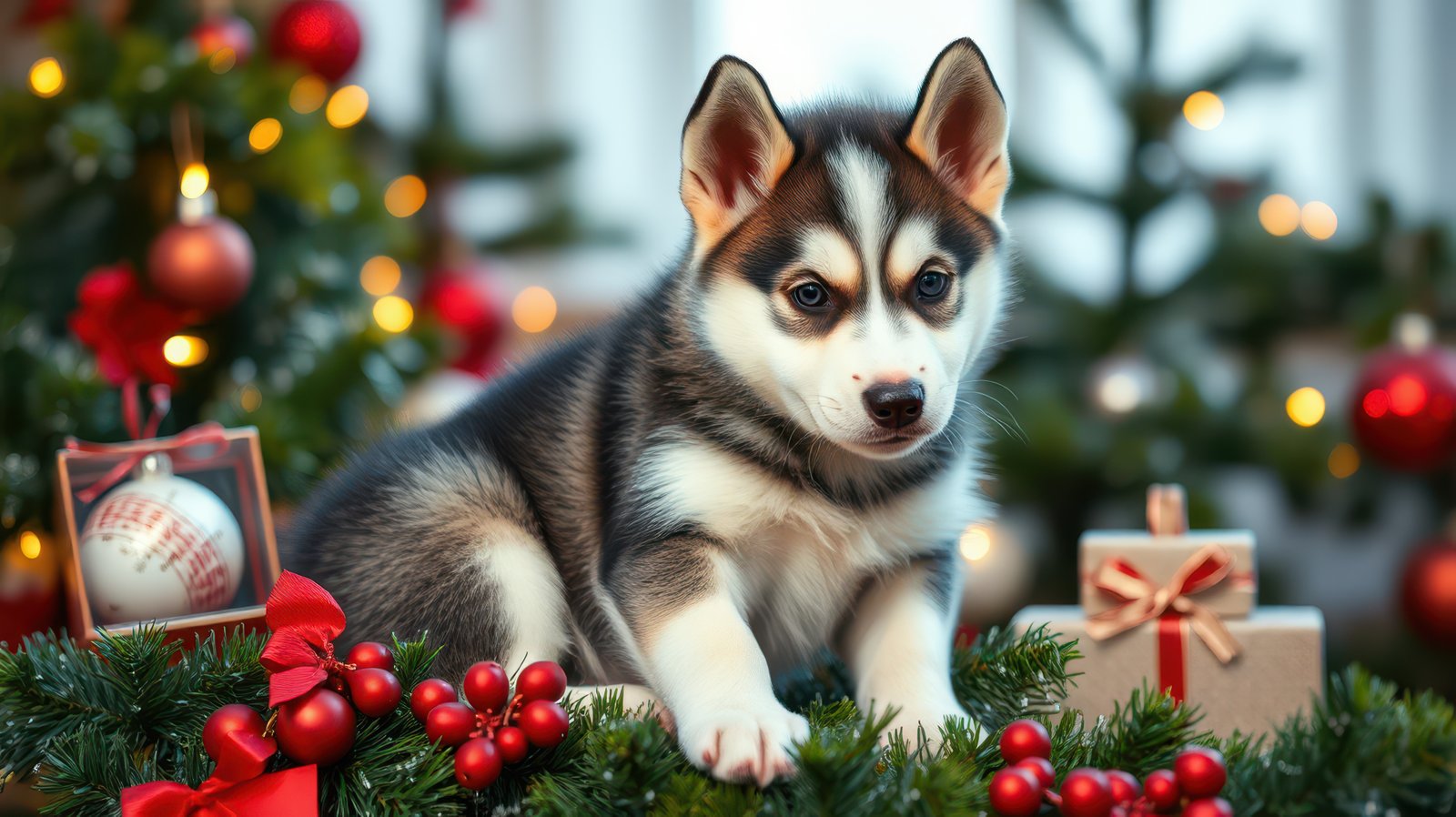 Cute husky puppy surrounded by Christmas decorations and festive lights in a cozy indoor setting
